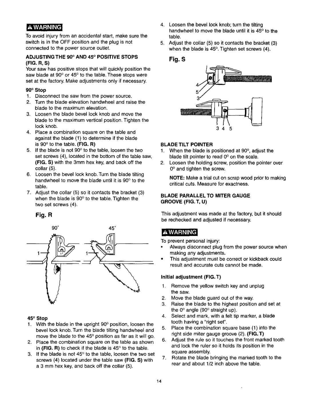 Craftsman 137.21825 owner manual Adjusting the 90 and 45 Positive Stops, Blade Tilt Pointer, Initial adjustment FIG.T 