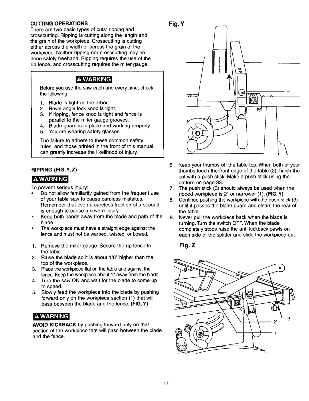 Craftsman 137.21825 owner manual FkVg-IIl€, Ripping FIG.Y,Z 