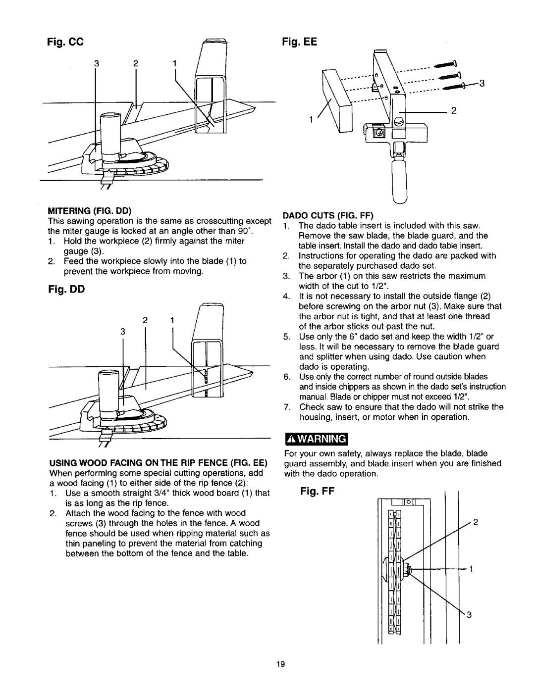 Craftsman 137.21825 owner manual Mitering FIG. DD, Dado Cuts FIG. FF, Using Wood Facing on the RIP Fence FIG. EE 