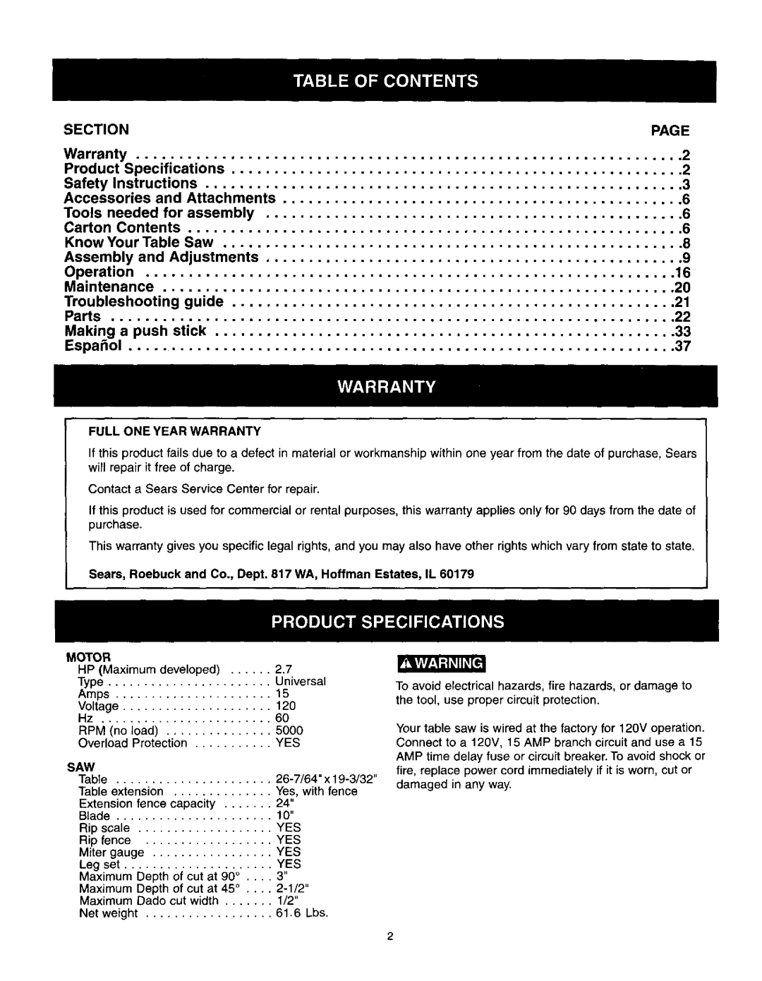 Craftsman 137.21825 owner manual Section 