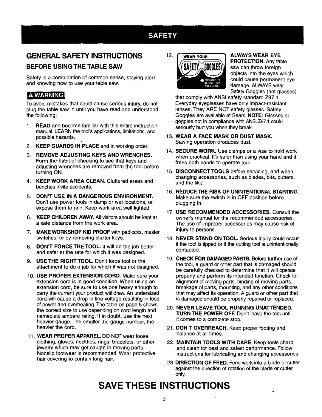 Craftsman 137.21825 General Safety Instructions, Before Using the Table SAW, Always Wear EYE, PROTECTION. Any table 