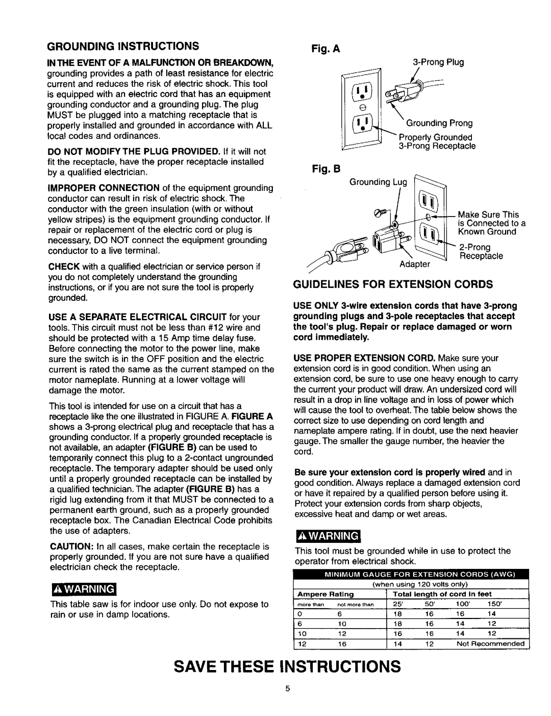 Craftsman 137.21825 Grounding Instructions, Guidelines for Extension Cords, Event of a Malfunction or Breakdown 