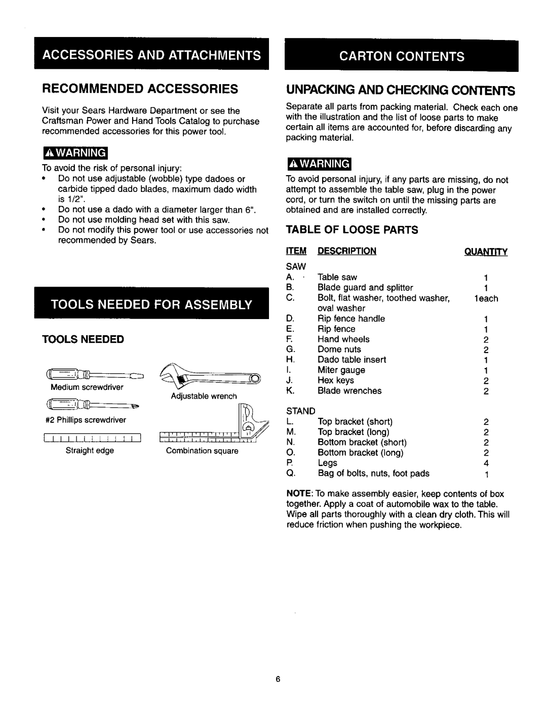 Craftsman 137.21825 owner manual Recommended Accessories, Unpacking and Checking Contents 