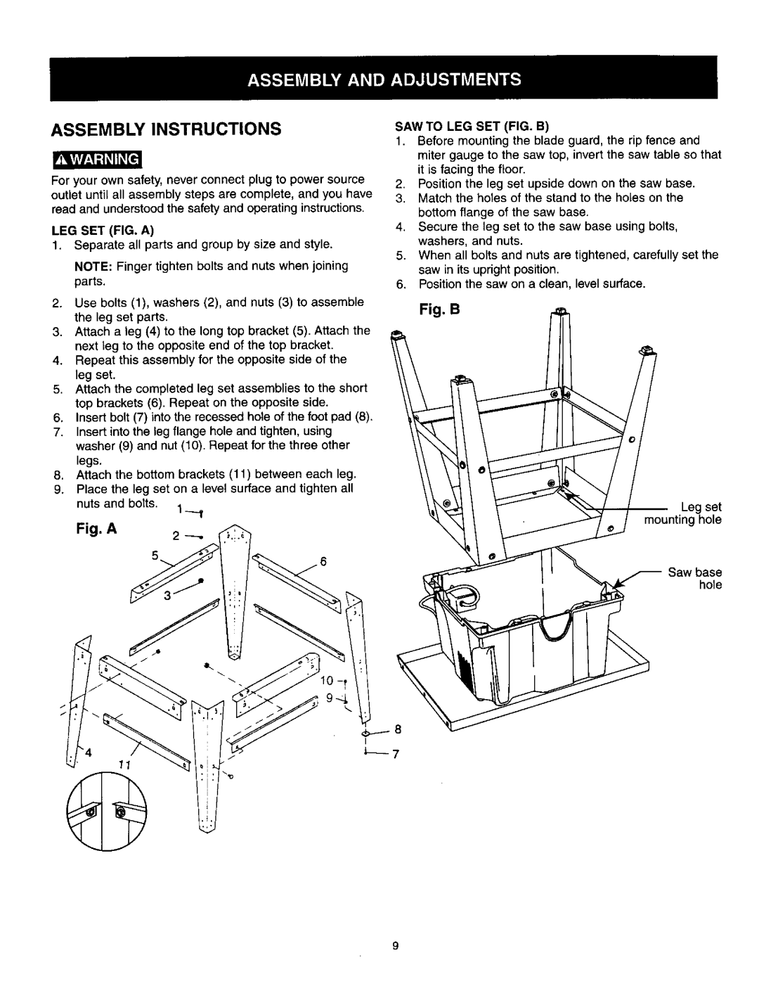 Craftsman 137.21825 owner manual Assembly Instructions, LEG SET FIG. a, SAW to LEG SET FIG. B 