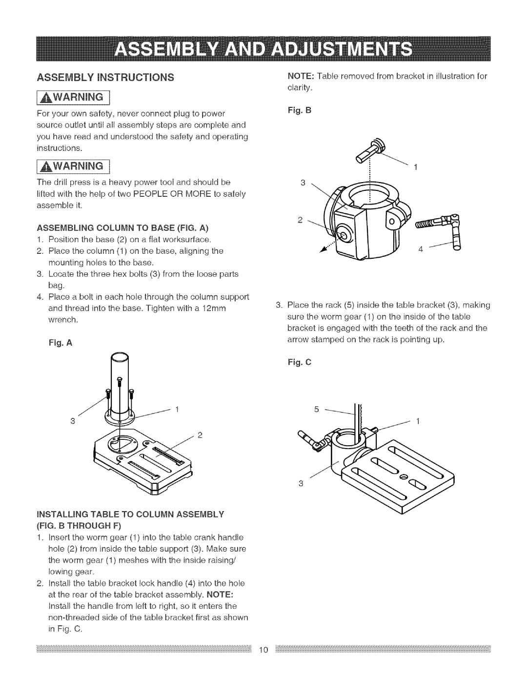 Craftsman 137.219 Assembung Column to Base FIG. a, Installing Table to Column Asseiibly FIG. B Through F 