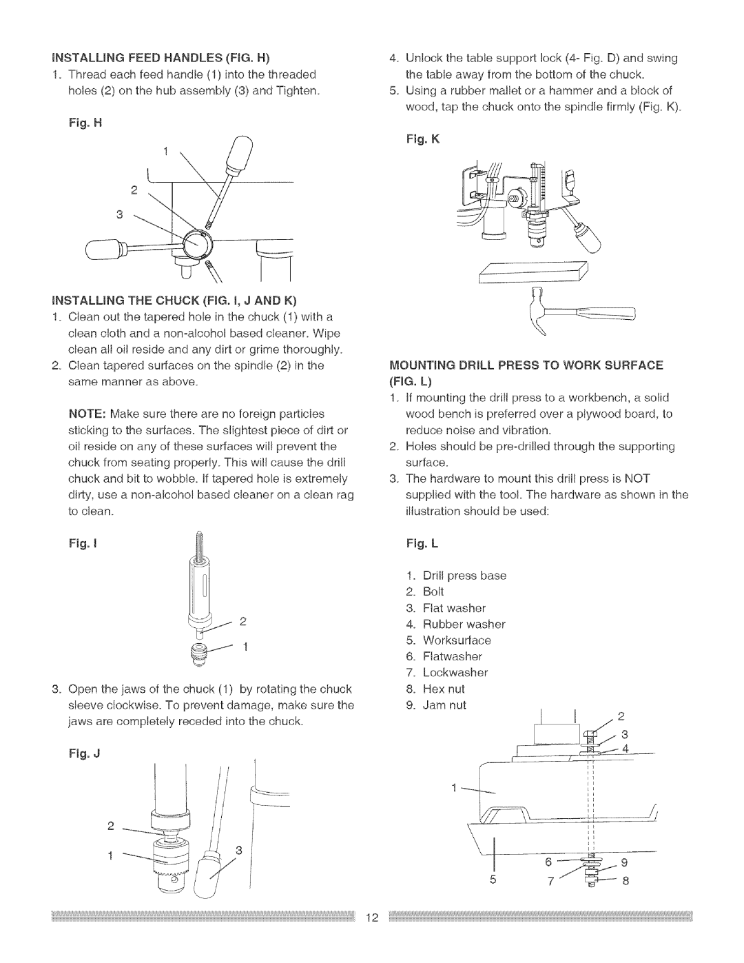 Craftsman 137.219 operating instructions Fig.H TNSTALUNGTHECHUCKFIG.J,J Andk 