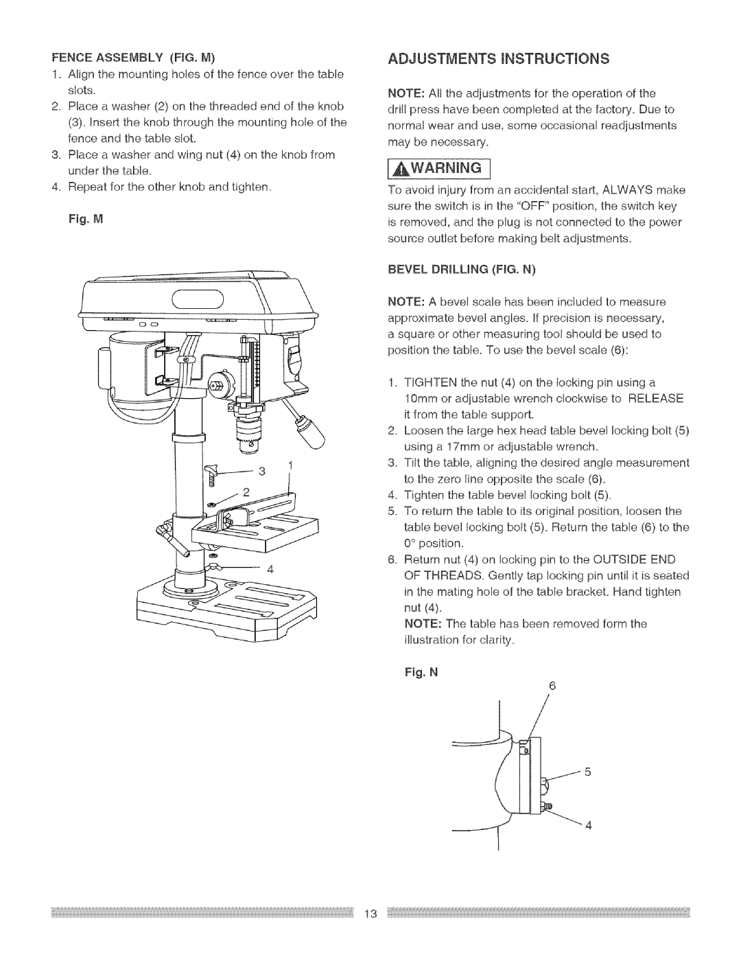 Craftsman 137.219 operating instructions Fence Assembly FIG. M, Bevel Drilling FIG. N 