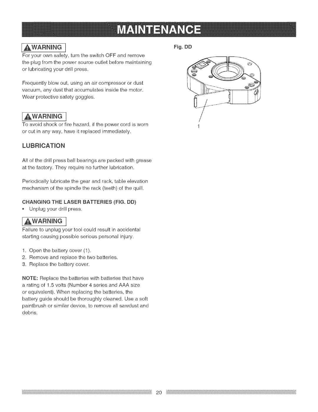 Craftsman 137.219 operating instructions AWARNRNGj, Changing the Laser Batteries FIG. DD 