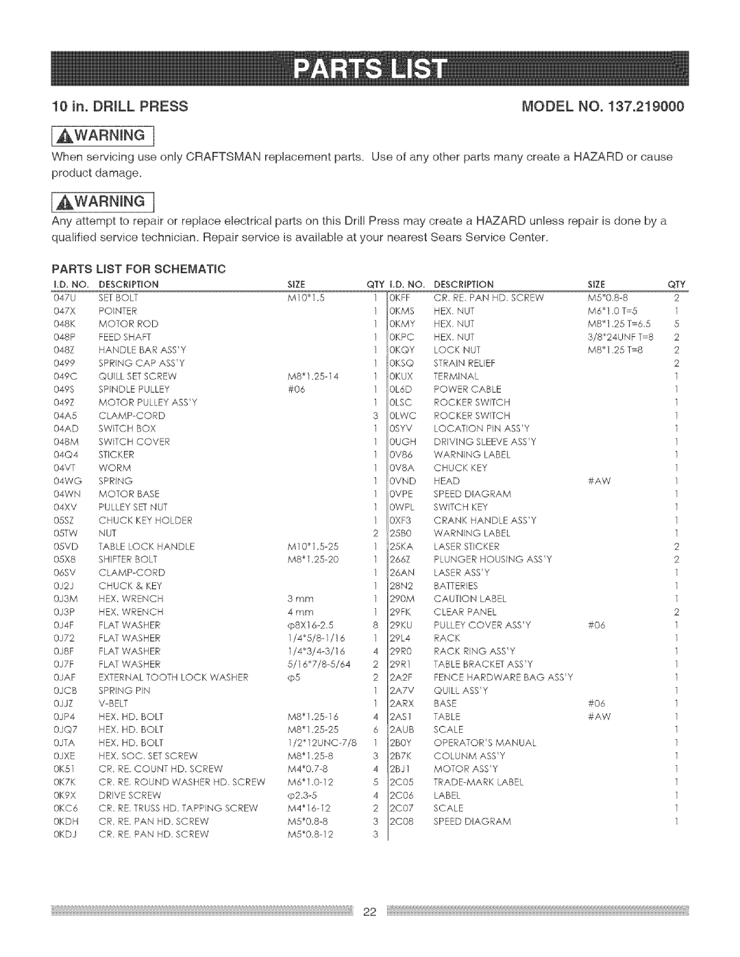 Craftsman 137.219 operating instructions 10 in. DRmLL Press Model no 