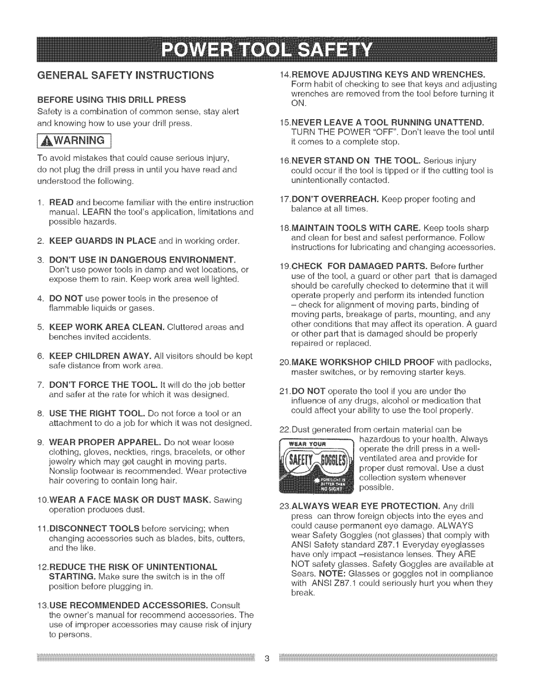 Craftsman 137.219 operating instructions Before Using this Drill Press, Remove Adjusting Keys and Wrenches 