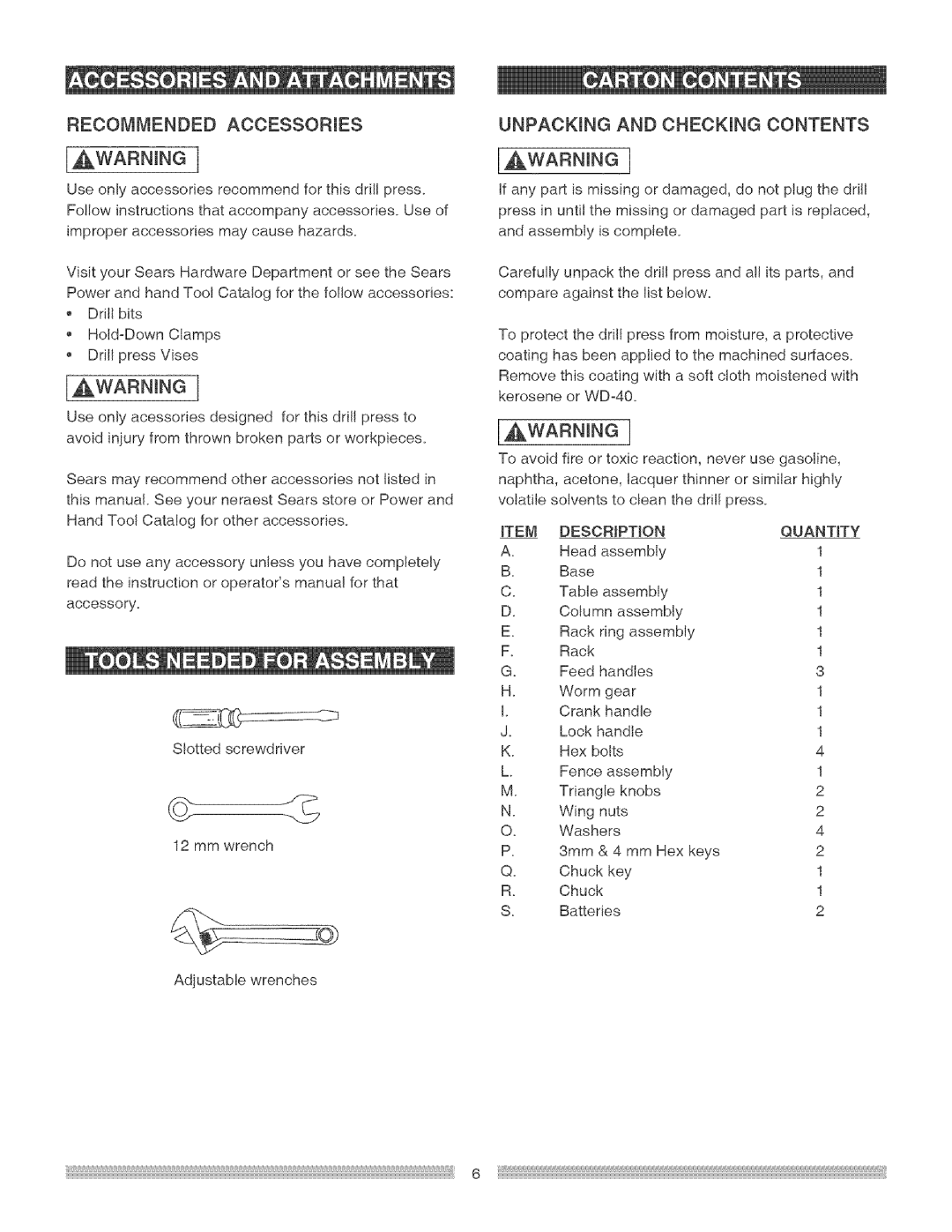 Craftsman 137.219 operating instructions AWARNmNG, Description Quantity 