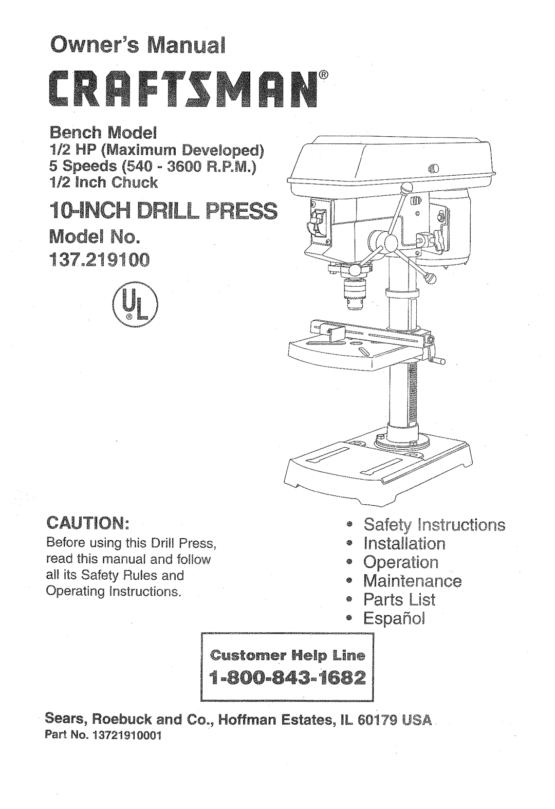 Craftsman 137.2191 owner manual Before using this Dril! Press, Read this manual and foltow, At! its Safety Rules 