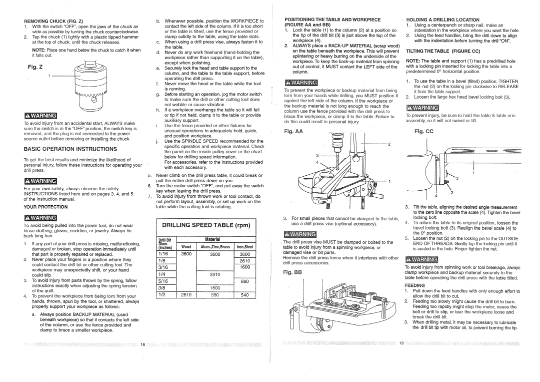 Craftsman 137.2191 owner manual Removingchuckfig.Z, Basic OPERATnON Instructions, Your Protection, Feeding 