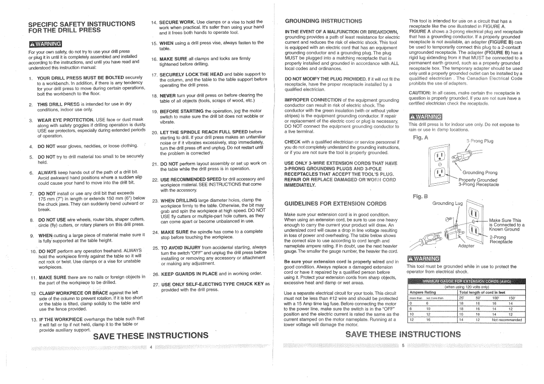 Craftsman 137.2191 owner manual SPECnFIC Safety Nstructmons for the DR LL Press, Fig a, F9. B 