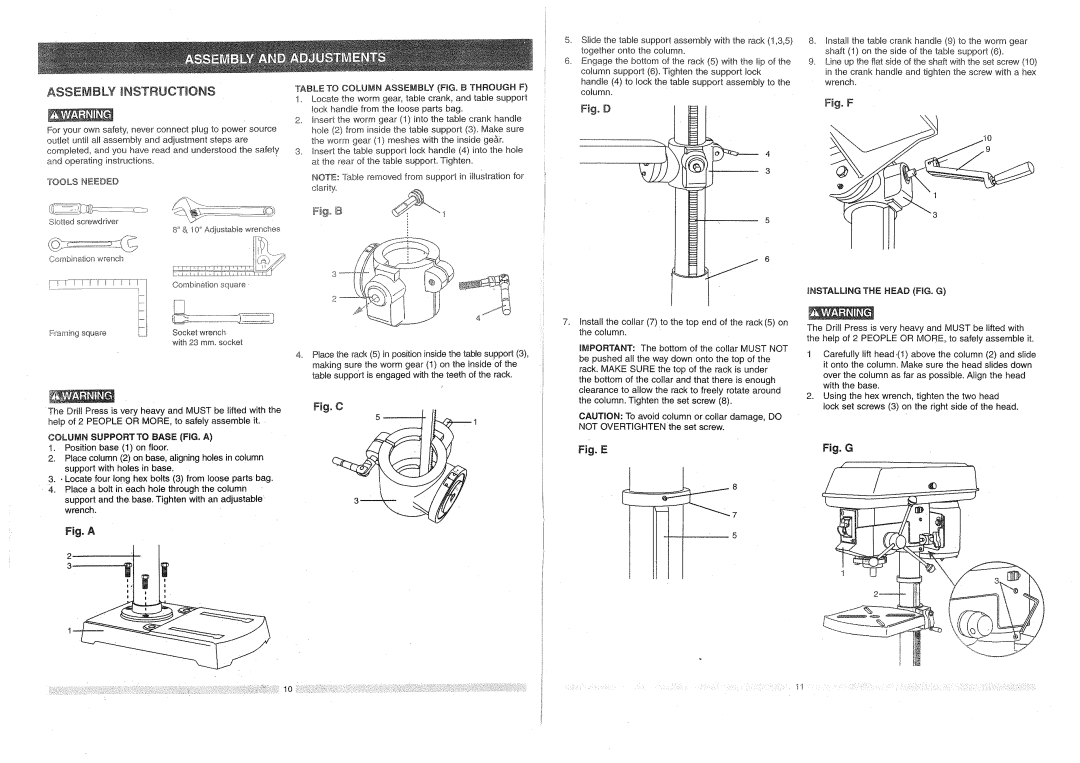 Craftsman 137.2191 owner manual Assembly tNSTRUCTMONS, Fig B, Tools Needed, Nstalling the Head FIG. G 