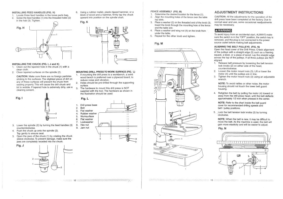 Craftsman 137.2191 owner manual ADJ UST V Entinstructions, Fig, K 