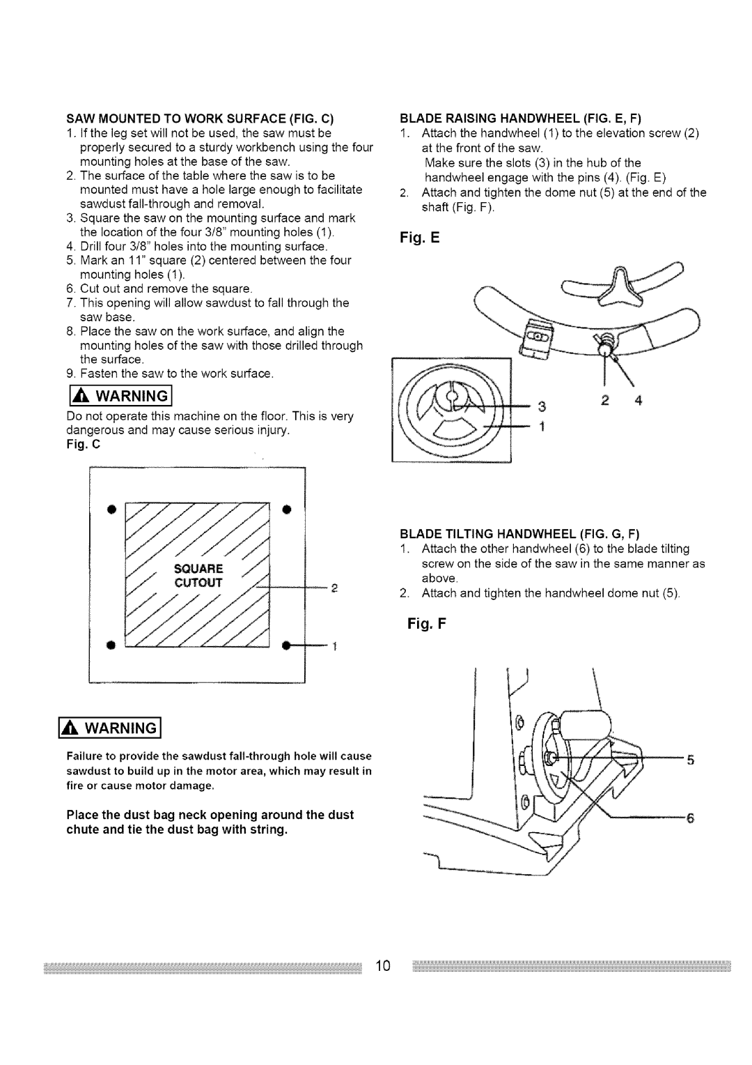 Craftsman 137.248830 operating instructions SAW Mounted to Work Surface FIG. C, Blade Raising Handwheel FIG. E, F 