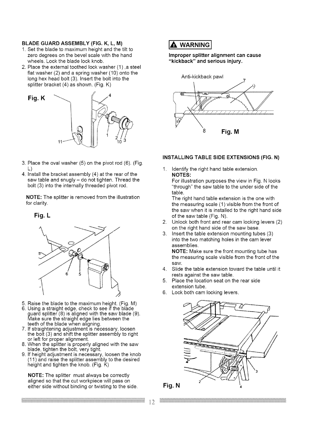 Craftsman 137.248830 operating instructions Blade Guard Assembly FIG. K, L, M, Installing Table Side Extensions FIG. N 