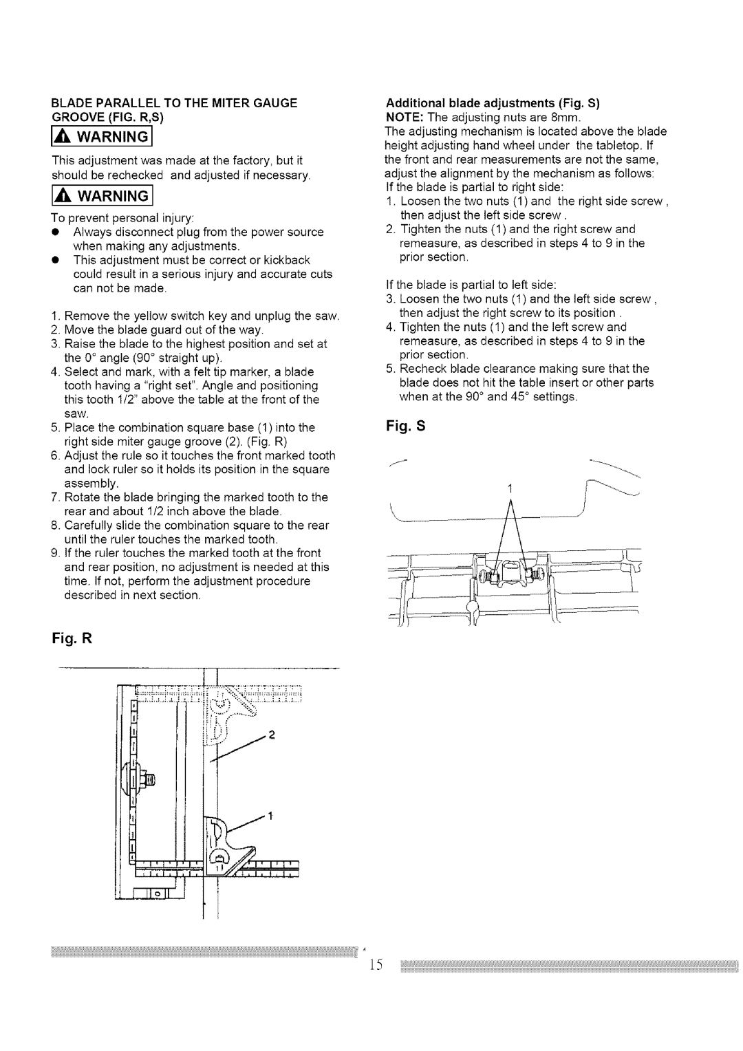 Craftsman 137.248830 operating instructions Iwarning, Blade Parallel to the Miter Gauge Groove FIG. R,S 