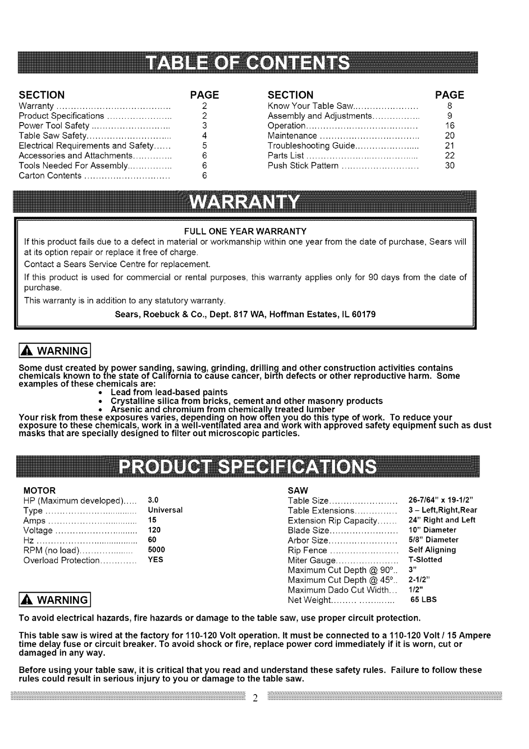 Craftsman 137.248830 operating instructions Full ONE Year Warranty, Motor, Saw, 5000, Yes 