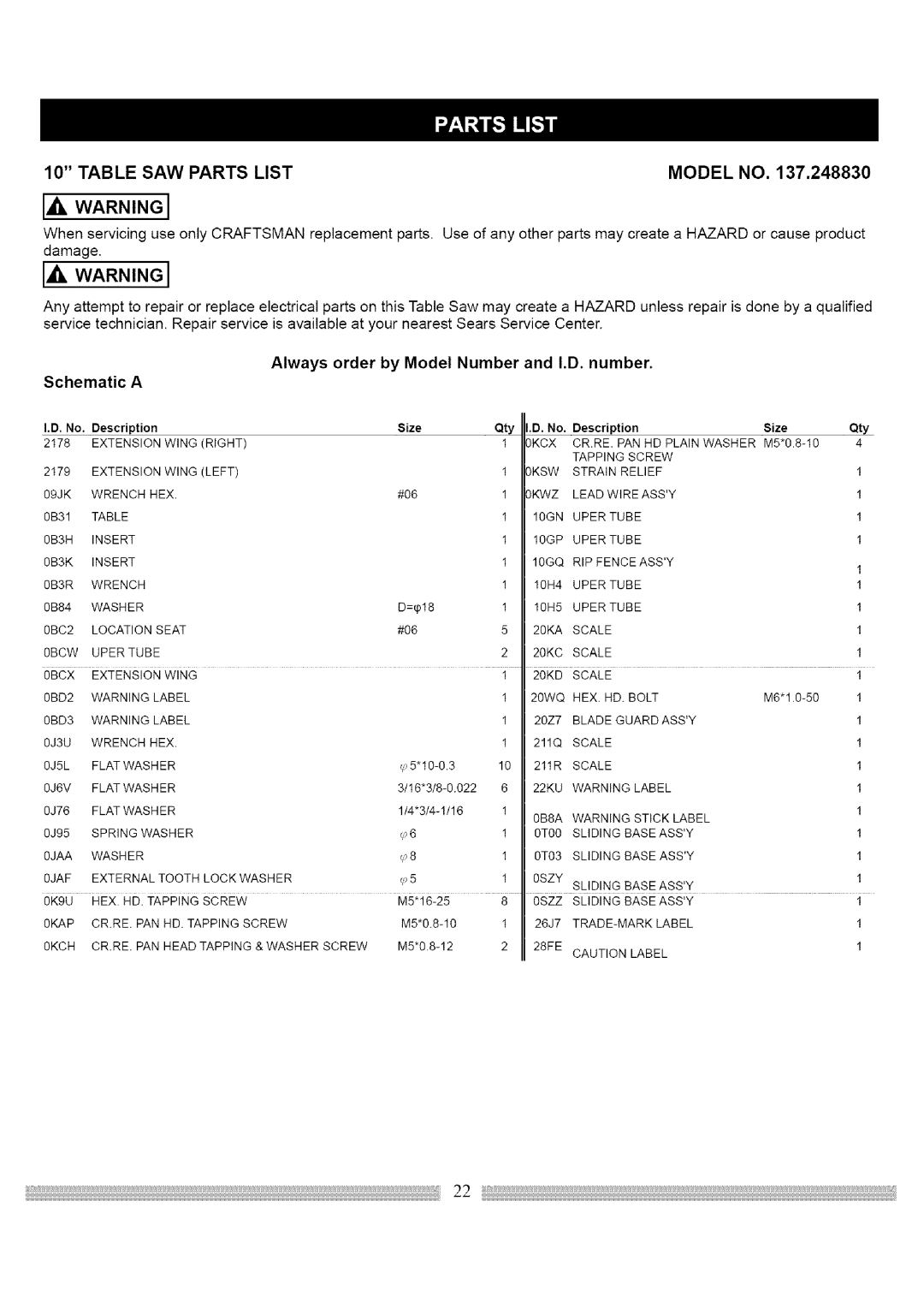 Craftsman 137.248830 operating instructions Always order by Model Number and I.D. number Schematic a, Qty 