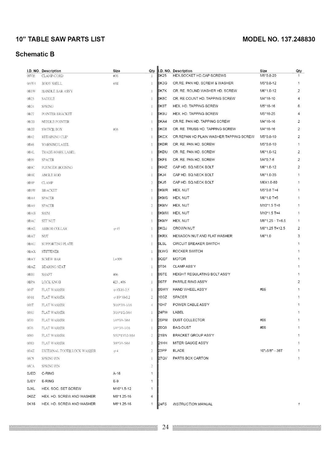 Craftsman 137.248830 operating instructions Schematic 