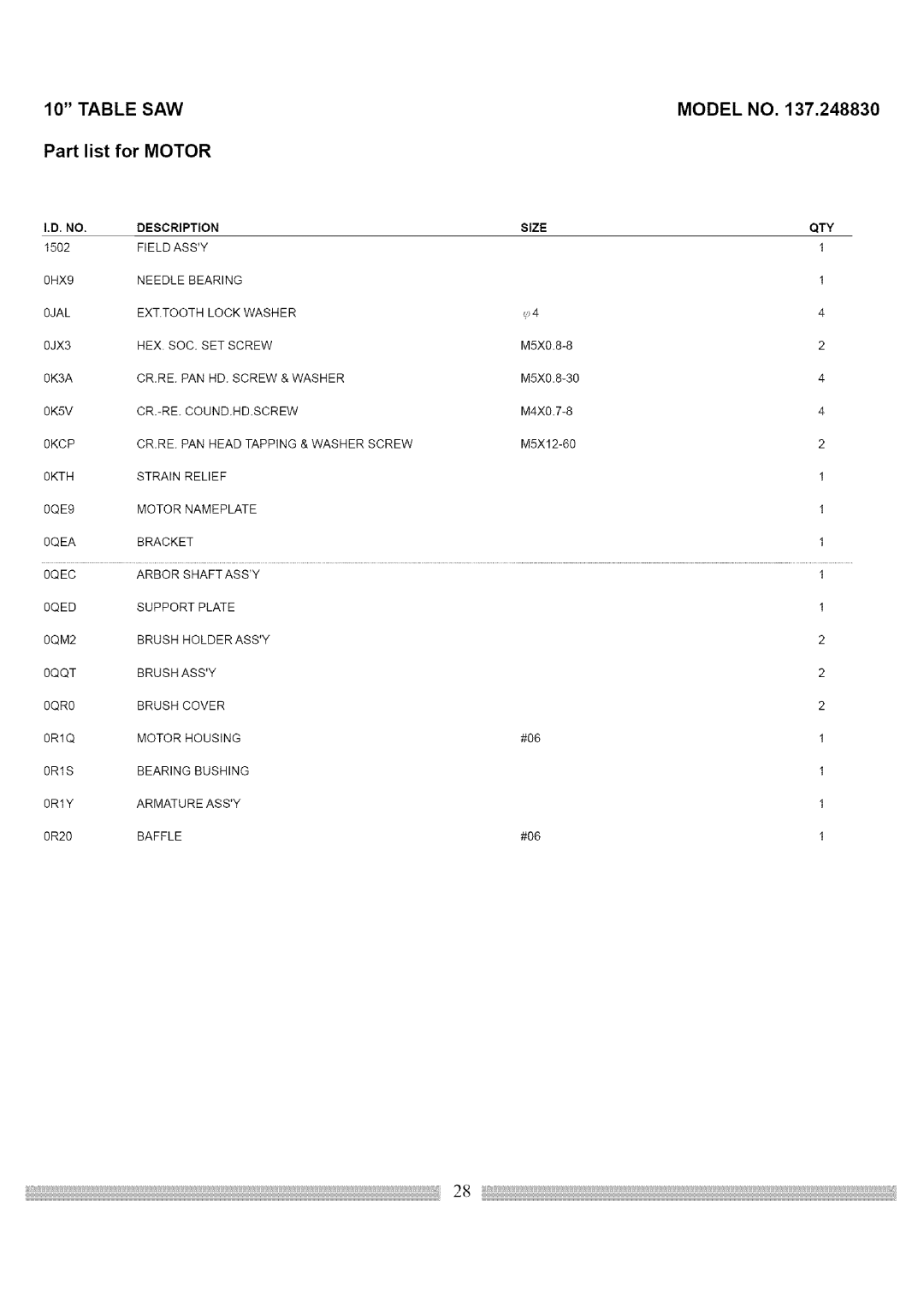 Craftsman 137.248830 operating instructions Part list for Motor 