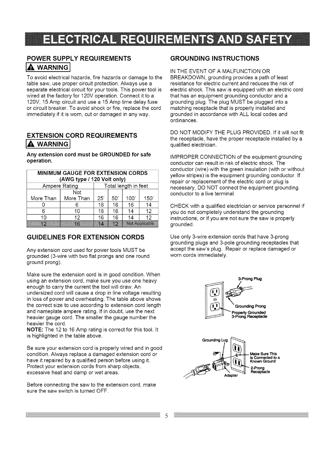 Craftsman 137.248830 Any extension cord must be Grounded for safe operation, Minimum Gauge for Extension Cords 