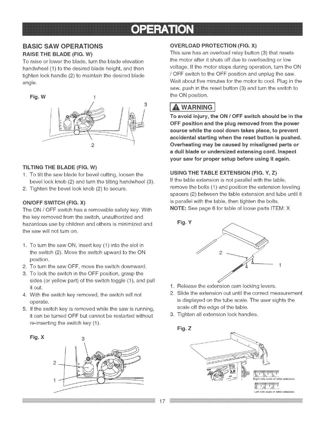 Craftsman 137.24884 Raise the Blade FIG. W, Tilting the Blade FIG. W, ON/OFF Switch FIG, Overload Protection FIG 