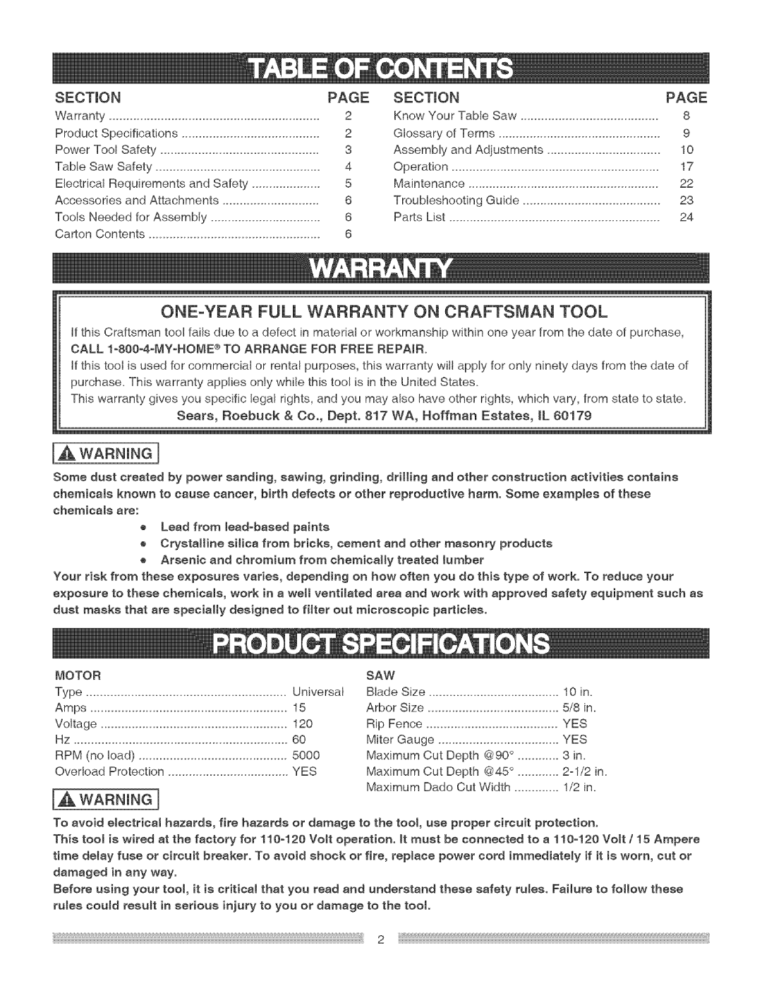 Craftsman 137.24884 operating instructions Section, ONE-YEAR Full Warranty on Craftsman Tool, Saw, Yes 