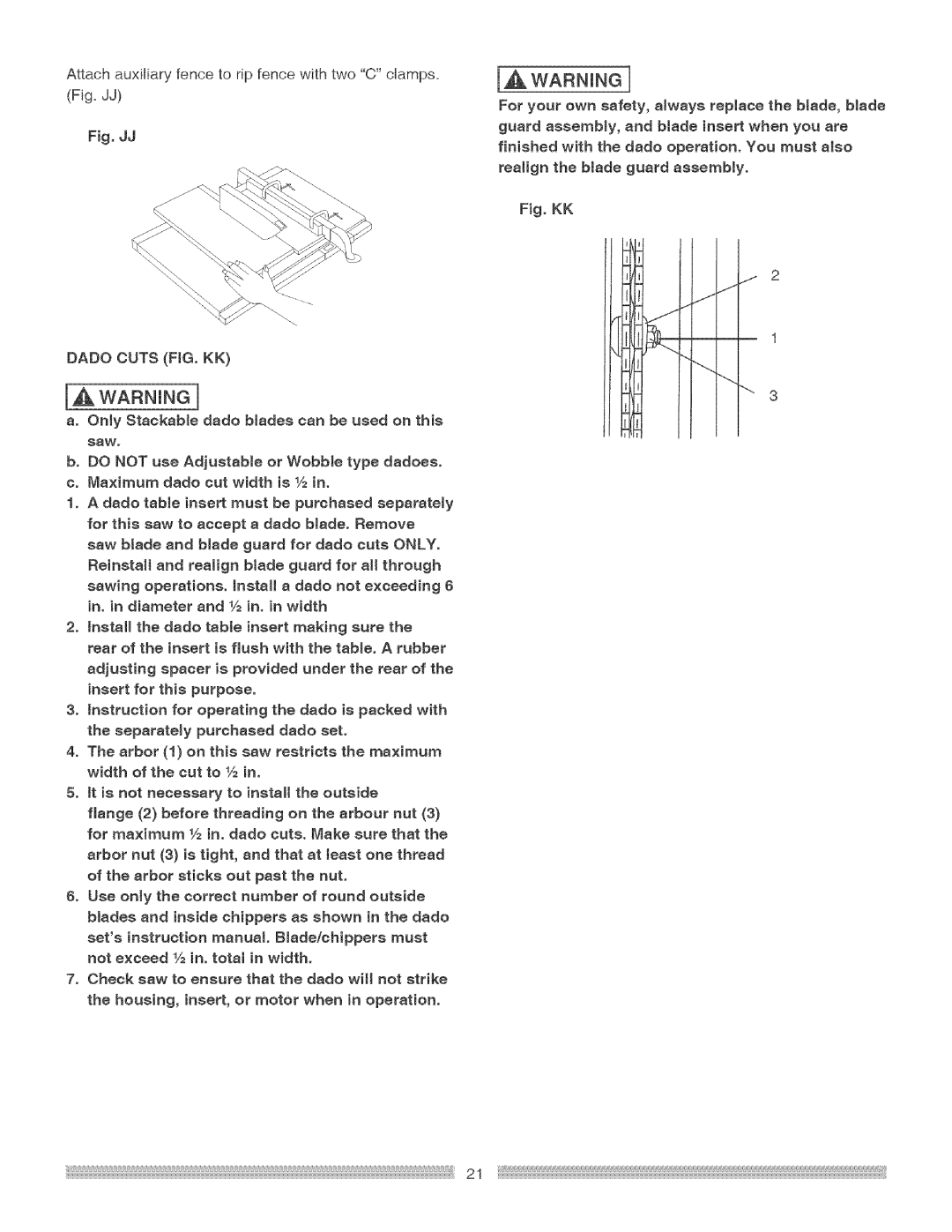 Craftsman 137.24884 operating instructions Attachauxiliaryfenceto ripfencewithtwoCclamps. Fig.dd, Fig.JJ 