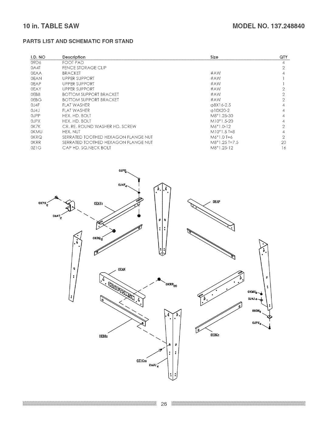 Craftsman 137.24884 operating instructions SAW Model, Parts List and Schematic for Stand 