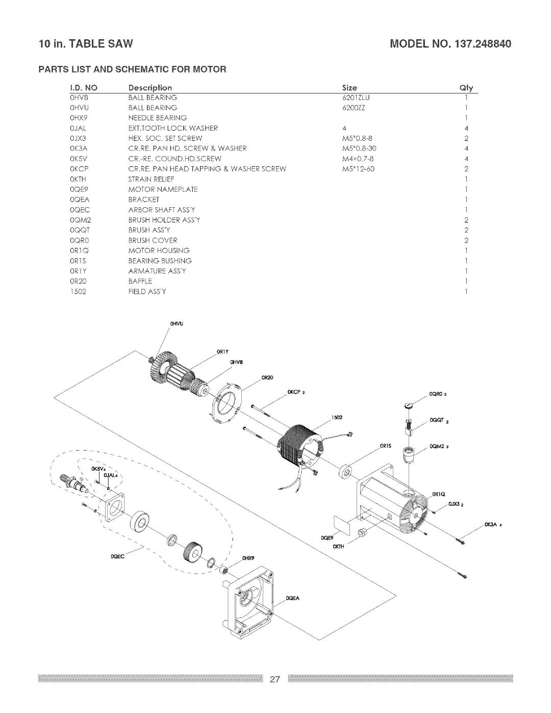 Craftsman 137.24884 operating instructions Parts List and Schematic for Motor 