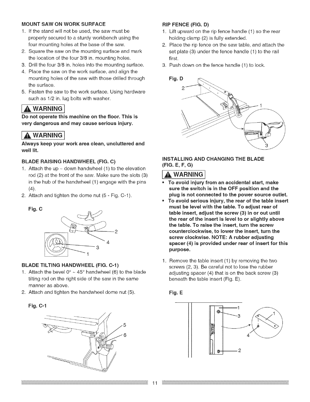 Craftsman 137.24885 operating instructions Mountsawonworksurface, Blade Raising Handwheel FIG. C, RIP Fence FIG. D 