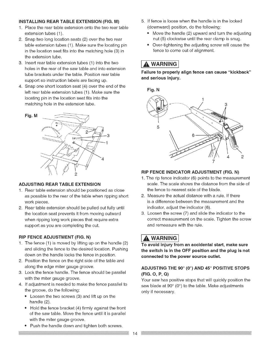 Craftsman 137.24885 Installing Rear Table Extension FIG, M, Adjusting Rear Table Extension, RIP Fence Adjustment FIG. N 