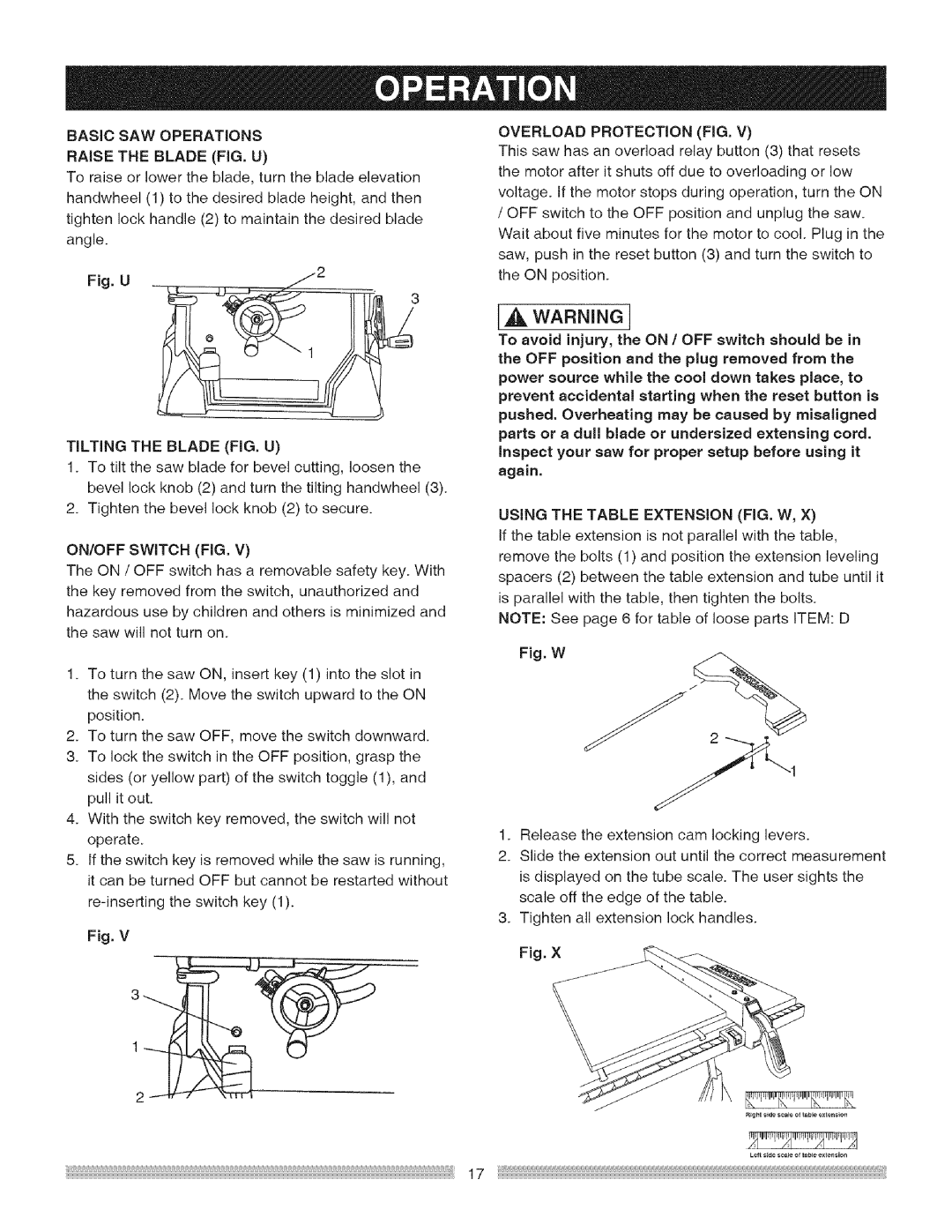 Craftsman 137.24885 Basicsawoperations Raisetheblade FIG. U, ON/OFF Switch FIG, Overload Protection FIG 