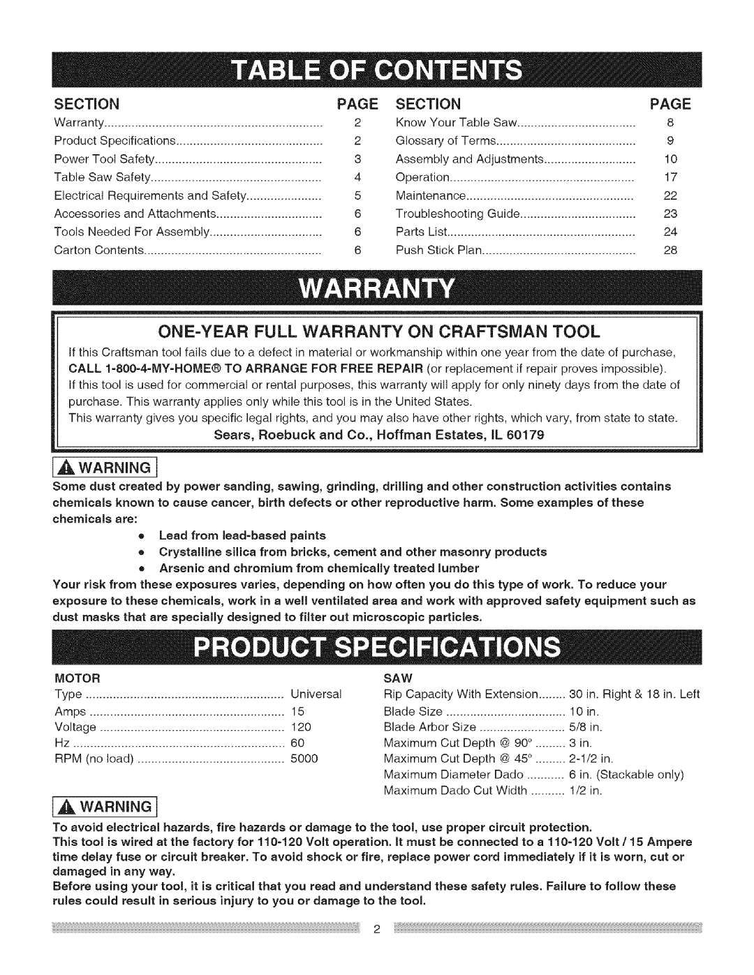 Craftsman 137.24885 Section, ONE=YEAR Full Warranty on Craftsman Tool, Lead from lead-based paints, Motor, Saw 