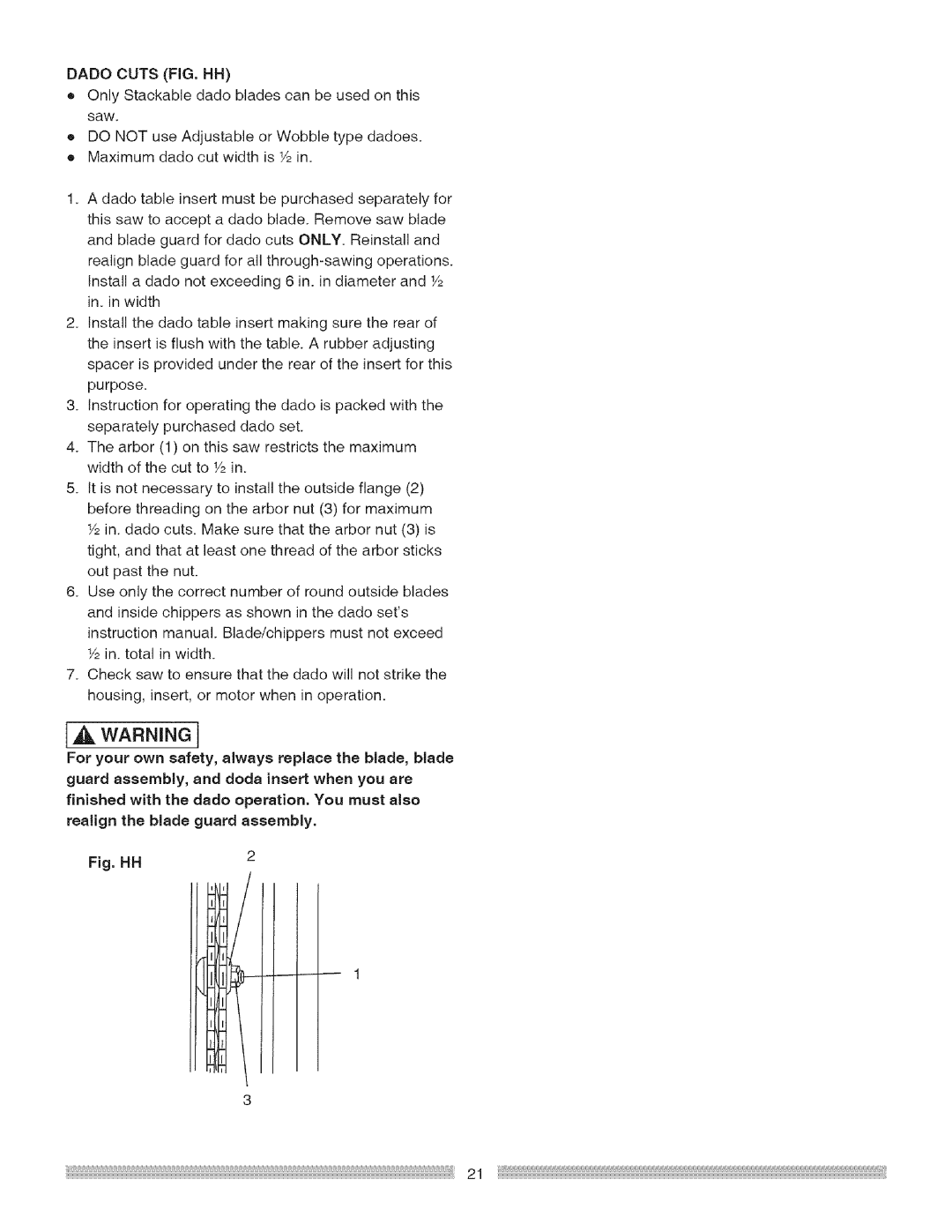 Craftsman 137.24885 operating instructions Dadocutsfig. Hh, Fig. HH 