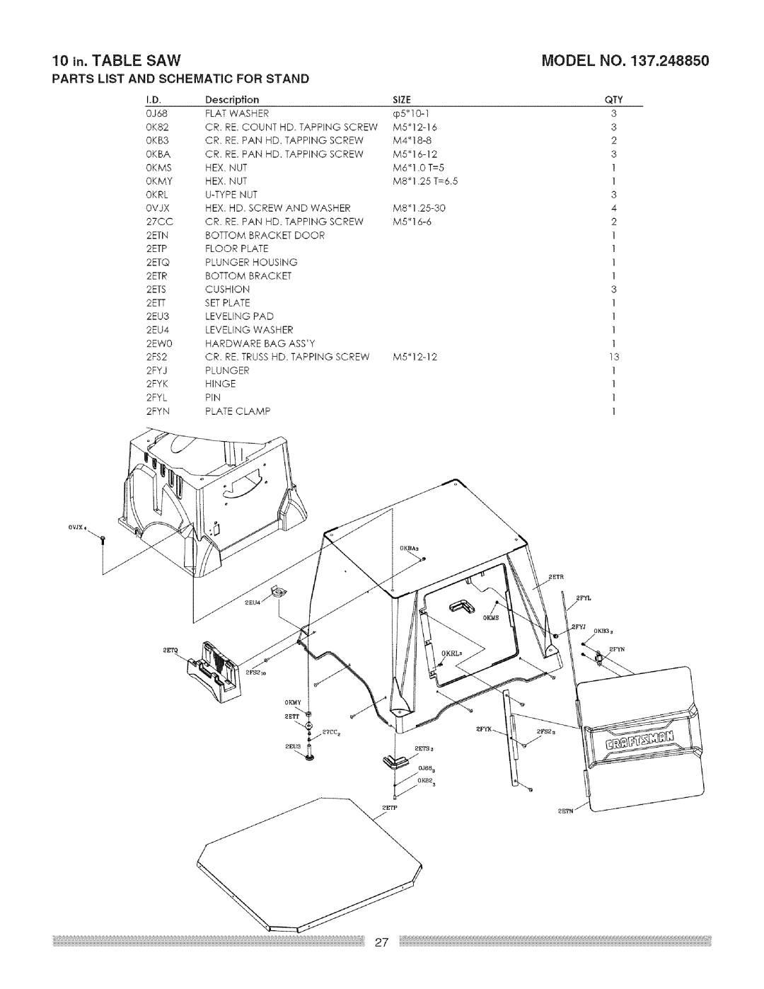 Craftsman 137.24885 operating instructions Parts LiST and Schematic for Stand 