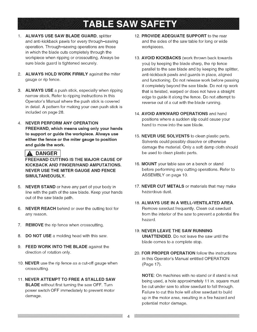 Craftsman 137.24885 operating instructions Never Perform ANY Operation, Never USE the Miter Gauge and Fence Simultaneously 