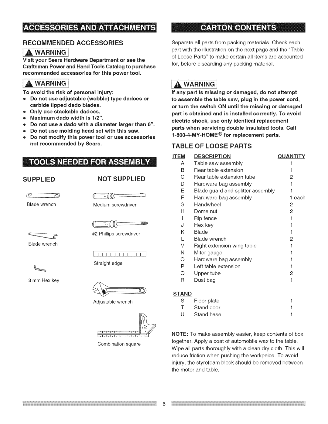 Craftsman 137.24885 operating instructions = Only use atackable dadoes, Quantity 