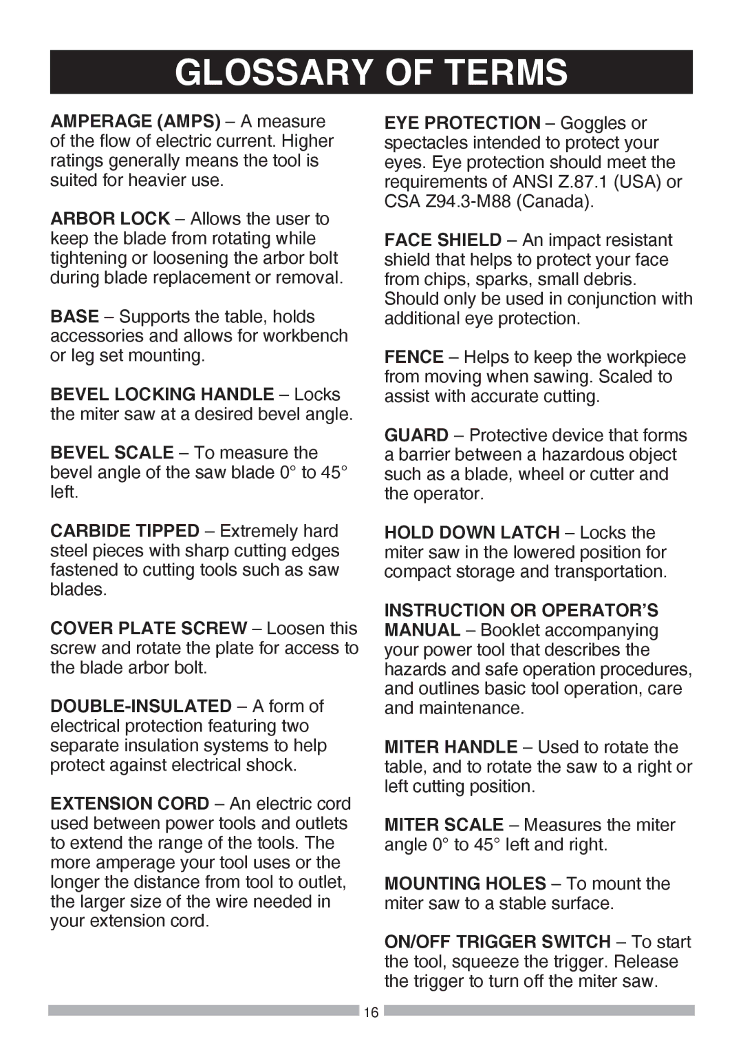 Craftsman 137.37564 manual Glossary of Terms 