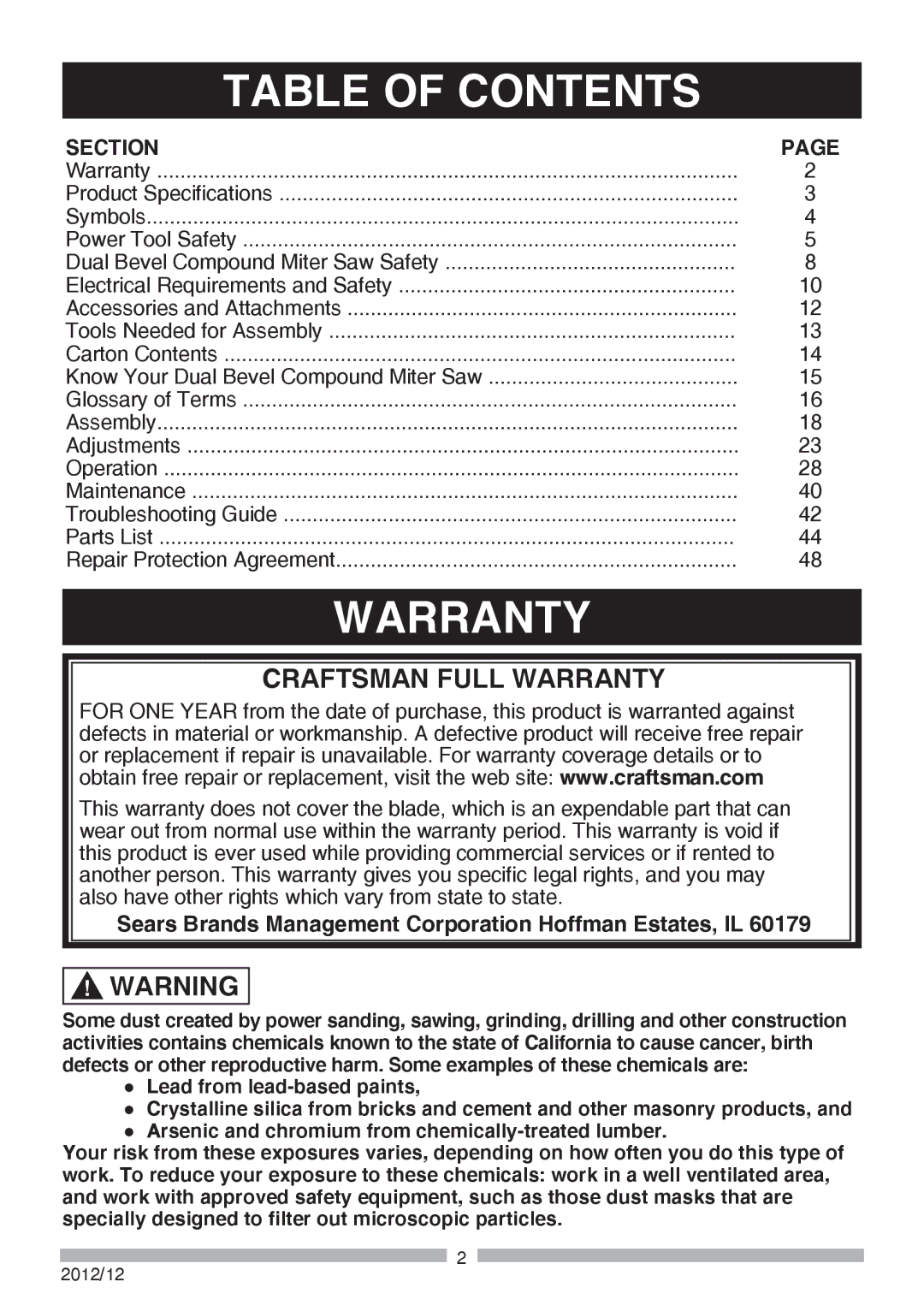 Craftsman 137.37564 manual Table of Contents, Warranty 