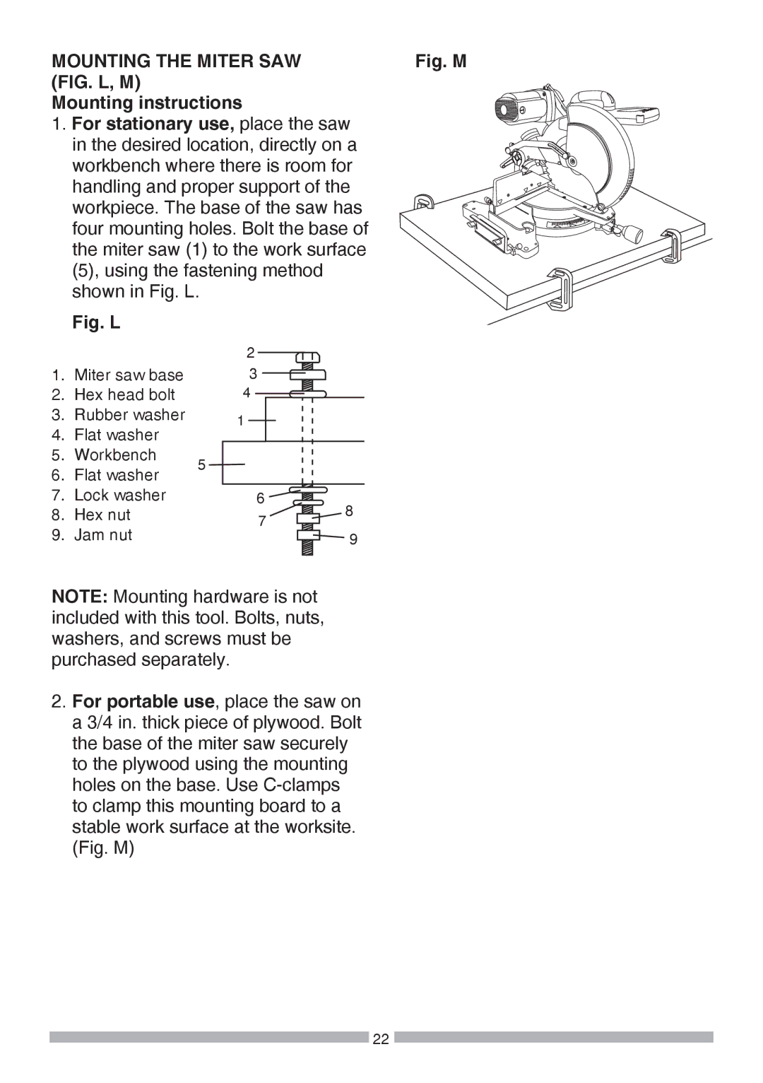 Craftsman 137.37564 manual Mounting the Miter SAW, Fig. M 