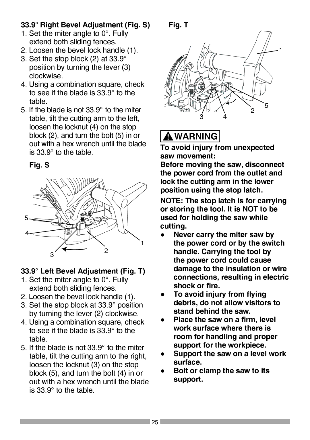 Craftsman 137.37564 manual Right Bevel Adjustment Fig. S, Fig. S Left Bevel Adjustment Fig. T 