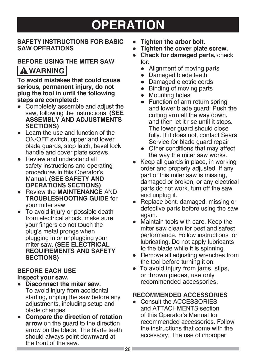 Craftsman 137.37564 manual Assembly and Adjustments Sections, Operations Sections, Recommended Accessories 