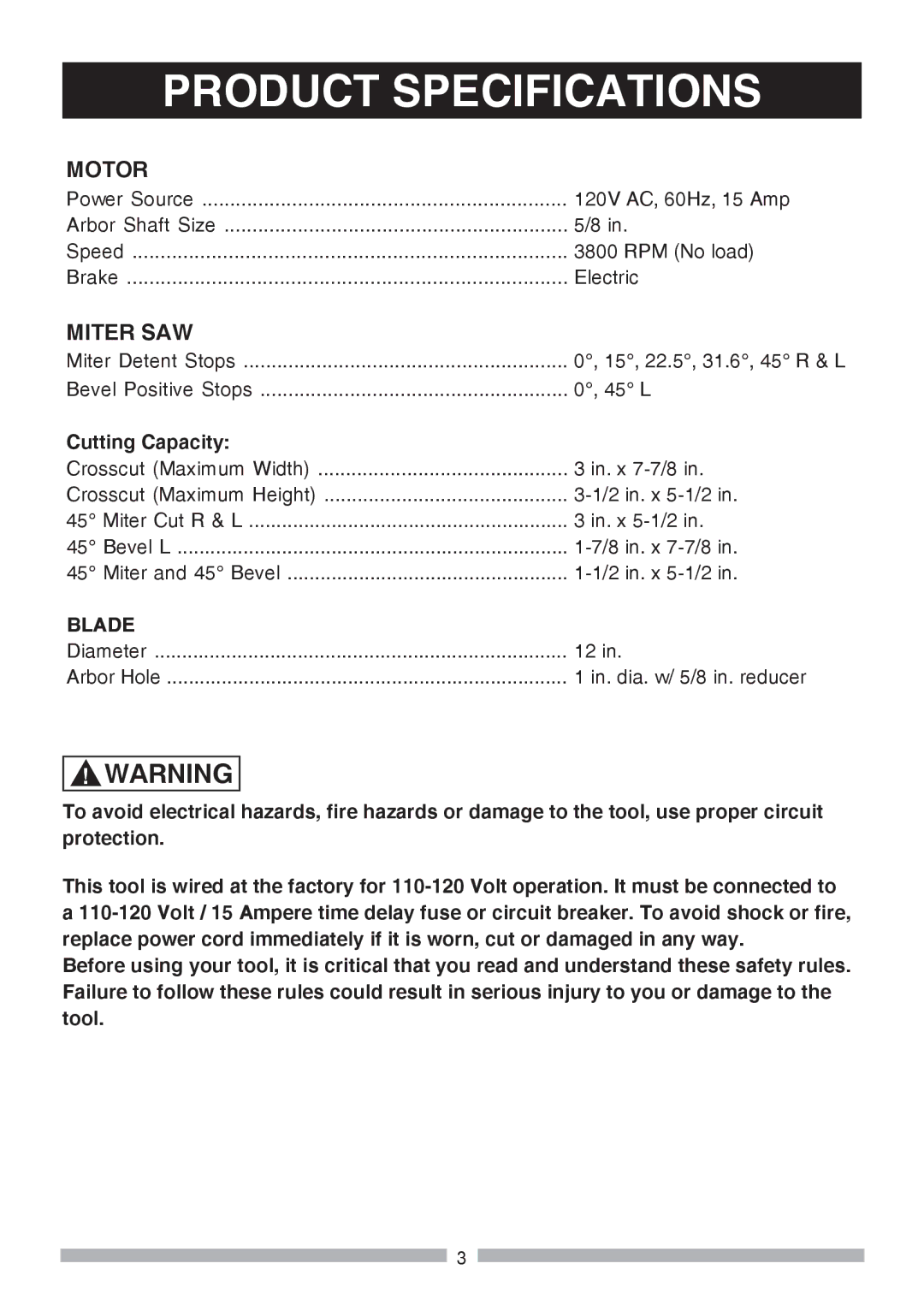 Craftsman 137.37564 manual Product Specifications, Motor, Miter SAW 