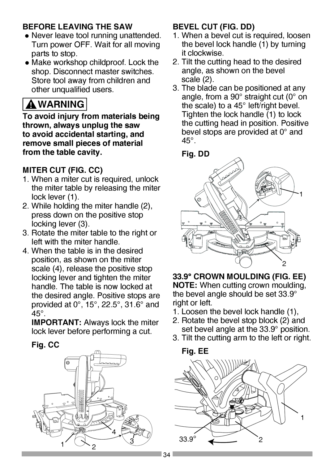 Craftsman 137.37564 manual Before Leaving the SAW, Miter CUT FIG. CC, Bevel CUT FIG. DD 