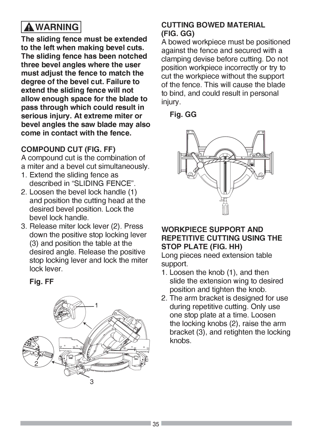 Craftsman 137.37564 manual Compound CUT FIG. FF, Cutting Bowed Material FIG. GG 