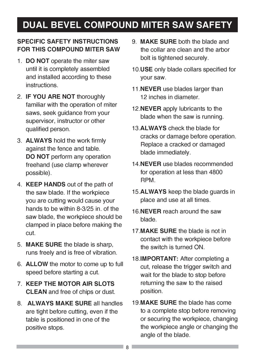 Craftsman 137.37564 manual Dual Bevel Compound Miter SAW Safety, Specific Safety Instructions for this Compound Miter SAW 